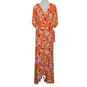 Bobeau Floral Maxi Wrap Dress Womens Size XL Orange Dolman Sleeve Tropical